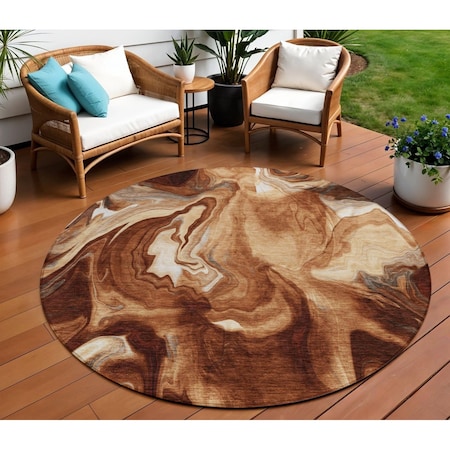Homeroots 8' Orange Copper And Ivory Round Abstract Washable Indoor Outdoor Area Rug 587484
