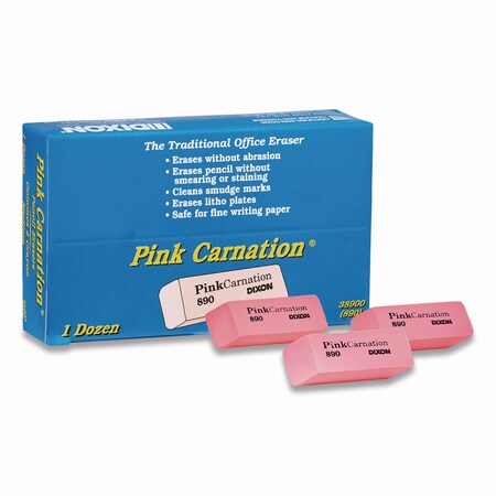 Dixon Pink Carnation Erasers, For Pencil Marks, Rectangular Block, Medium, Pink, PK12, 12PK 38900
