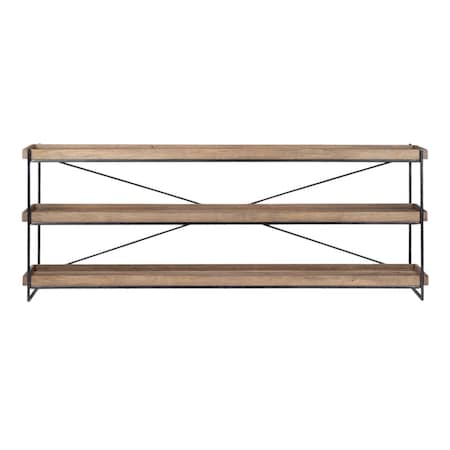 Homeroots 80" Light Brown and Black Solid Wood and Iron Console Table With Two Shelves 380194