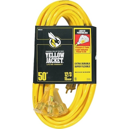 Southwire SJTW Extension Cord Adapter, 12 AWG, Indoor/Outdoor, 12/3, 3 Outlets, Yellow, PVC, 50 ft 2827