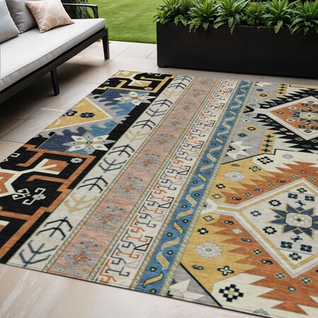 5' X 8' Black Ivory And Copper Aztec Washable Indoor Outdoor Area Rug