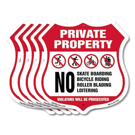 Signmission Private Property Shield Sign No Skateboa, 12 inch X 12 inch, Aluminum Metal Sign, 5PK SHI-A-5Pack-12-442