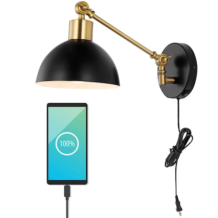 Jonathan Y Lisa 18" Swing Arm 1-Light Modern Midcentury Iron USB Charging Port LED Sconce, Black/Brass Gold JYL1301B