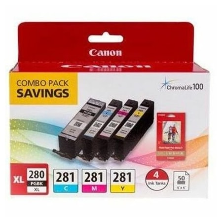 Canon 2021C006 (CLI-281/PGI-280XL) Ink/Paper Combo, Black/Cyan/Mag/Yel, PK4 2021C006