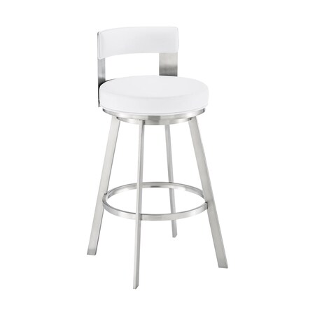 Armen Living Flynn 30in Swivel Bar Stool in Brushed Stainless Steel with White Faux Leather LCFLBABSWHI30