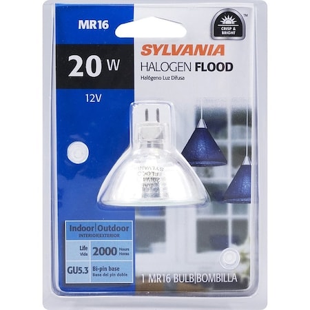 Sylvania Halogen Bulb, 20 W, GU5.3 Lamp Base, MR16 Lamp, 200 Lumens, 3000 K Color Temp, 2000 hr Average Life 58514