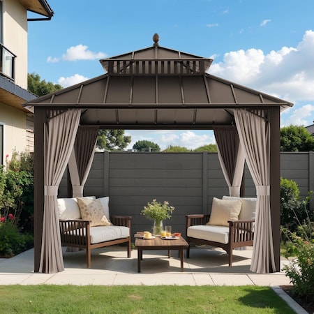 Sunjoy Kingston 10x10 Gazebo with Metal Roof , Curtain, and Netting - Brown Aluminum Posts A10204362200