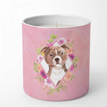 Carolines Treasures 10 oz Staffie Bull Terrier Pink Flowers Decorative Soy Candle CK4208CDL