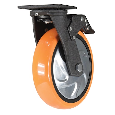 Vestil Polyurethane Swivel With Total Brake Caster 8 In. Diameter x 2 In. Width 925 lb Orange/Silver CST-E6-8X2PUP-SWTB