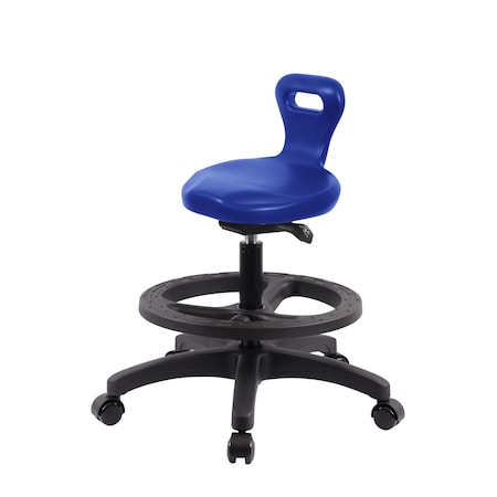 Blue Ridge Ergonomics Poly Serpent Sit-Stand Stool - Medium Bench Height with Black Foot Ring & Casters in Blue Poly PSPMBSO-RG-BF-RC-BLU