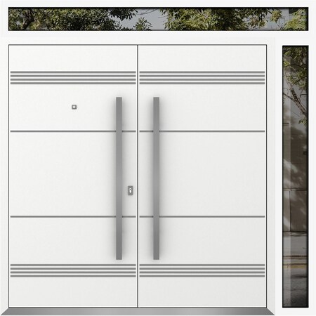 Vdomdoors Metal Double Doors Deux 1705 White Enamel 1 Sidelight and Top Transom Entry Modern Painted 88x110 ( DEUX1705DEXD-BEM-W72+16xH96+14-RH-O