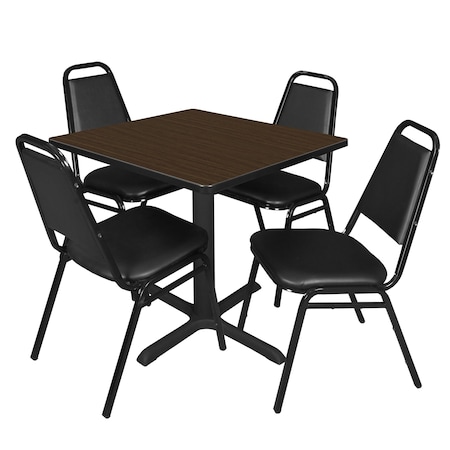 Regency Square Cain Breakroom Table W/ 4 Restaurant Stack Chairs, 30 in W, 30 in L, Neo Walnut TB3030NW29BK