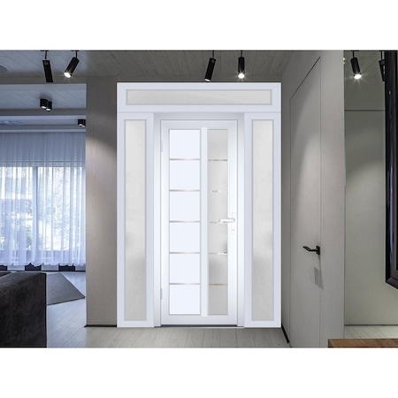Vdomdoors Front Exterior Prehung FiberGlass Door Frosted Glass / Manux 8088 White Silk / 2 Sidelight and Tran MANUX8088EXD-WS-W16+36+16 x H80+14-RH