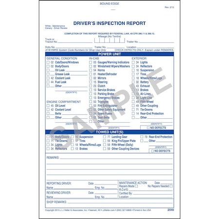 Jj Keller Vehicle Inspection Form, 2 Ply, Carbonless 2046