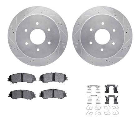 Dynamic Friction Co DFC Brake Rotor - Drilled & Slotted - Silver- Heavy Duty Brake Pad includes Hardware 7412-67010