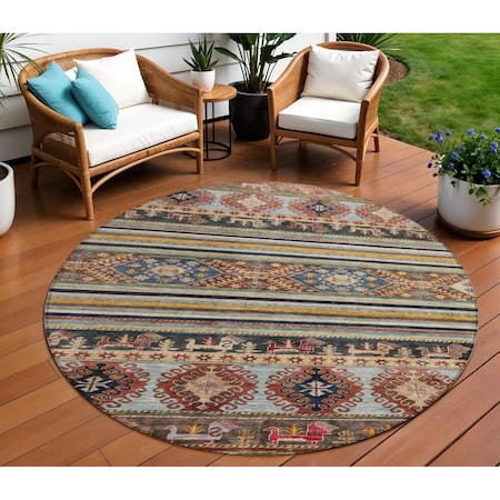 Homeroots 8' Rust Gray And Gold Round Tribal Washable Indoor Outdoor Area Rug 615418