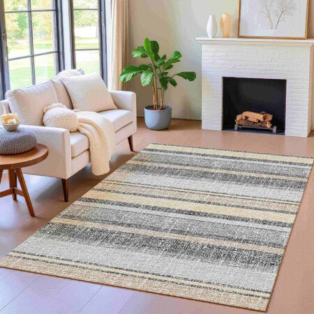 Homeroots 5' X 8' Black And Silver Striped Washable Indoor Outdoor Area Rug 632198