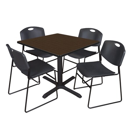 Regency Square Cain Breakroom Table W/ 4 Zeng Stack Chairs, 36 in W, 36 in L, Neo Walnut TB3636NW44BK