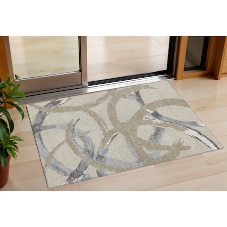 Homeroots 3' X 5' Beige Ivory And Gray Abstract Washable Indoor Outdoor Area Rug 599100