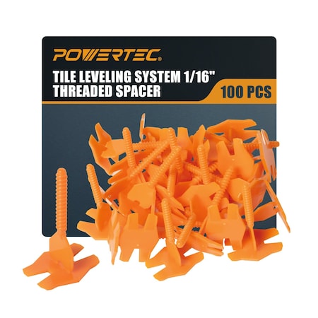 Powertec Tile Leveling System 1/16in Threaded Spacer Clips, Flat Base Strap for Spacing Leveling Tiles, 100PK 72107N