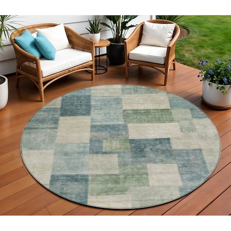 Homeroots 8' Blue Round Geometric Washable Indoor Outdoor Area Rug 608264