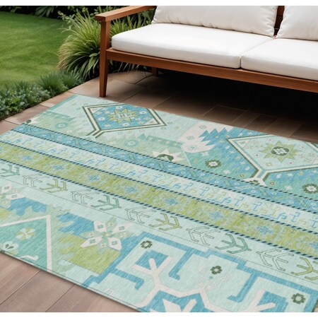 Homeroots 10' X 14' Mint Green Blue And Ivory Aztec Washable Indoor Outdoor Area Rug 598483