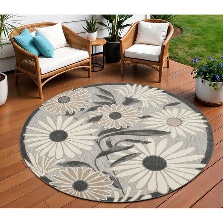 Homeroots 8' Beige Round Floral Indoor Outdoor Area Rug 527637