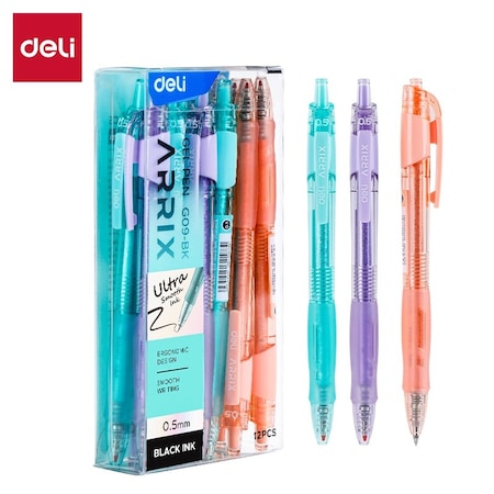 Deli ARRI X Retractable Gel Pen 0.5mm, Black Ink, Assorted Barrels, 12PK EG09-BK