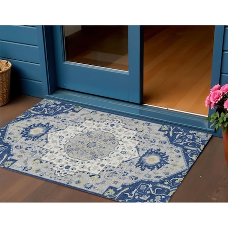 Homeroots 3' X 5' Navy Blue Ivory And Gray Oriental Washable Indoor Outdoor Area Rug 596638