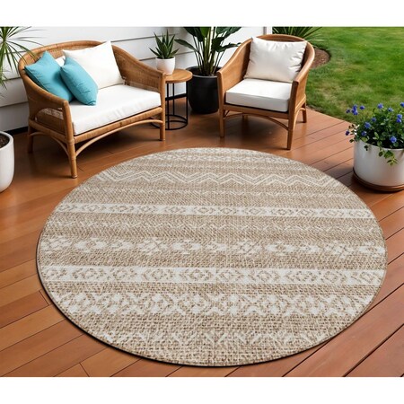 Homeroots 8' Brown And Beige Round Southwestern Washable Indoor Outdoor Area Rug 587514