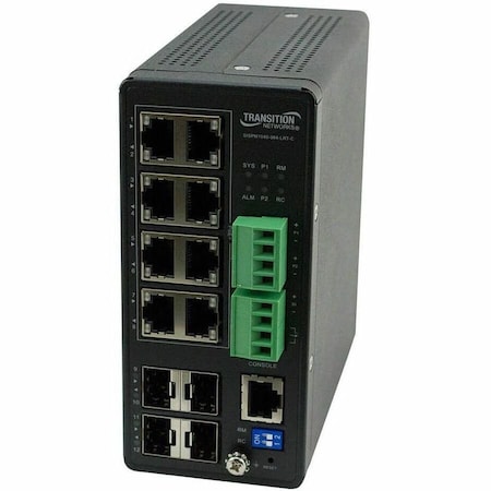 Transition Networks LAN SWITCH, MANAGED HARDENED POE+ SWITCH, 8 10/100/1000BASE-T POE+, 4 100/10 SISPM1040-384-LRT-C