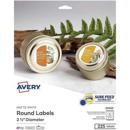 Avery Printable Round Labels, 2.5in, Matte White, 225 Labels (22562), Waterproof, x 2 1/2in Diameter, 5PK 22562