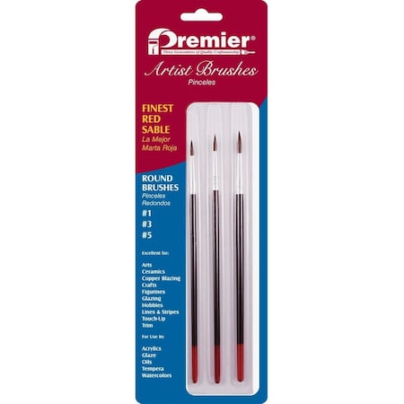 Premier Assorted Red Sable Round Artist Brushes, 3-Pieces AR10103