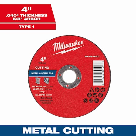 Milwaukee Tool Cut-Off Wheel, 5/8" Sz, 4" dia. 49-94-0001