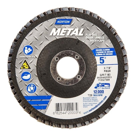 Norton Co Flap Disc: 7/8 in Hole, 80 Grit, Zirconia Alumina, Type 29 66254420003