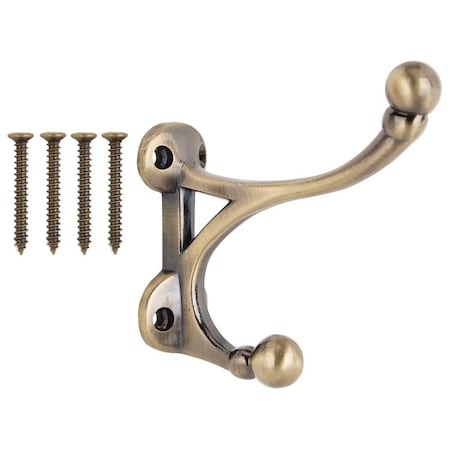 Prosource Coat and Hat Hook, 33 lb, 2-Hook, 1-1/2 in Opening, Zinc, Antique Brass H-014-AB
