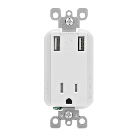 Leviton USB Charger/Tamper-Resistant Receptacle, 3.6/15 Amp, 125 Volt, NEMA 15-5R , White T5631-2W