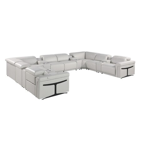 Homeroots Light Gray Italian Leather Power Reclining U Shaped Twelve Piece Sectional With Console 634657