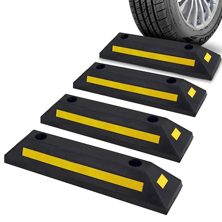 Pyle PyleCurb Garage Vehicle Floor Safety Rubber Parking Stopper, 4 Pack, Protects Tires & Bumper PCRSTP11X4