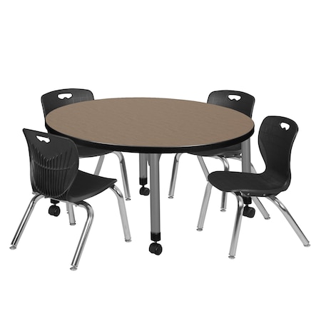 Regency Round Kee Mobile Adjustable Classroom Table W/ 4 Andy Chairs, 36 in W, 36 in L, Noble Oak TB36RNDNOAPCGY45BK