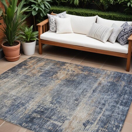 Homeroots 8' X 10' Denim Blue And Tan Abstract Washable Indoor Outdoor Area Rug 606143
