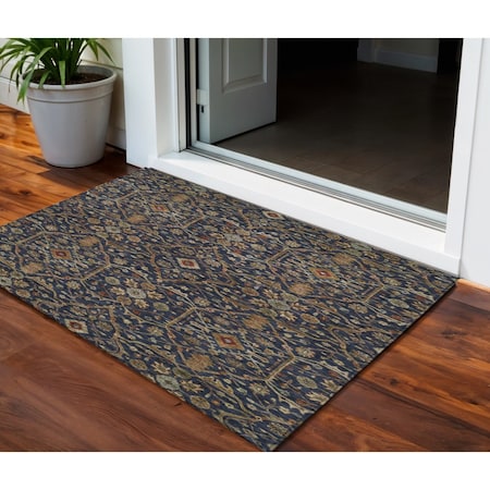 Homeroots 3' X 5' Navy Blue Brown And Red Floral Washable Indoor Outdoor Area Rug 604601