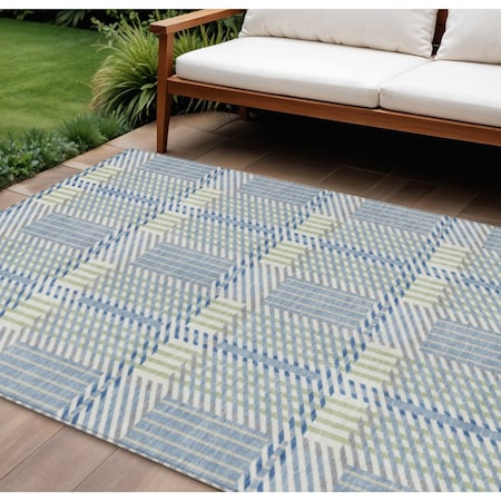 Homeroots 10' X 14' Denim Blue Green And Ivory Plaid Washable Indoor Outdoor Area Rug 597552