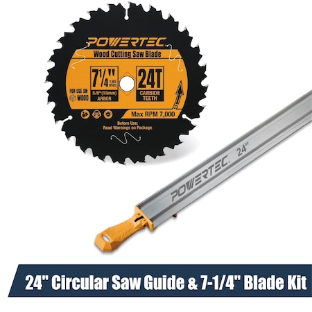 Powertec 24" Straight Edge Guide & 7-1/4" 24T Circular Saw Blade Kit, 5/8" Arbor, ATB Carbide Teeth 72279