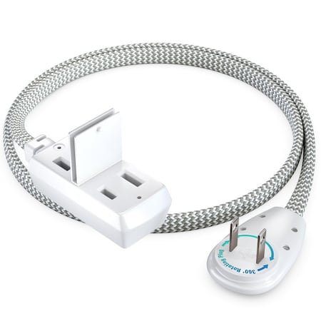 Maximm 1ft 2-Prong 360 degrees Flat Plug Braided Extension Cord, Polarized UL, Light Gray ADW-90A-23F01-16W3