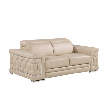 Homeroots 71" Beige And Silver Genuine Leather Loveseat 546439