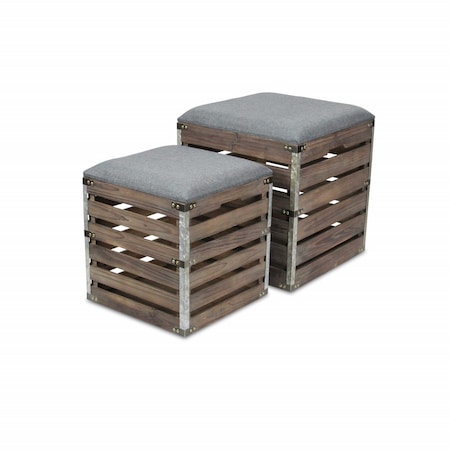 Homeroots Set Of 2 Square Gray Linen Fabric And Wood Slats Storage Benches 379838