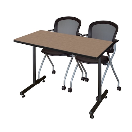 Regency Kobe T-Base Training Seminar Table W/ 2 Cadence Stack Chairs, 48 in W, 24 in L, Noble Oak MKTRCT4824NO23BK