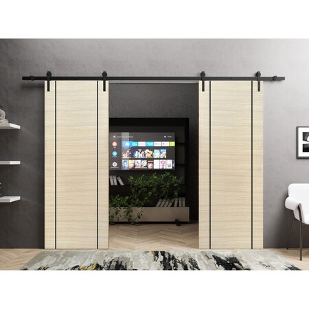 Sartodoors Sliding Double Barn Doors with Hardware, Planum 0017 Natural Veneer and Aluminum Strips, 13FT Rail PLANUM0017DB-SHP-7284