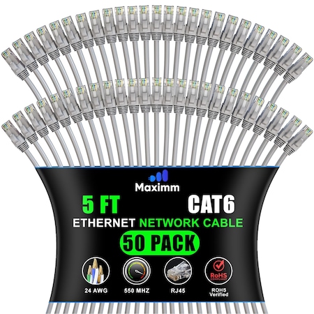 Maximm Cat6 Ethernet Cable 5ft 10Gbps 550MHz UTP, 50PK, Gray, 50PK CAT6CCA-5GR-50PK